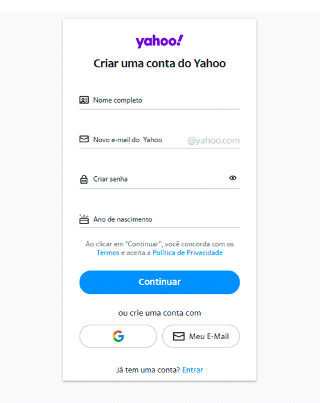 Criando uma conta de email no Yahoo.