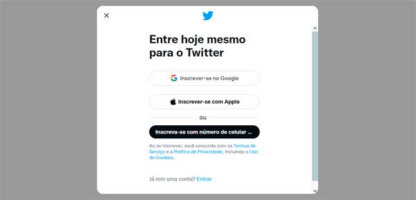 Criar conta no Twitter pelo navegador mobile