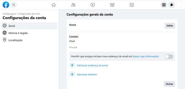 Adicionar ou remover um email da sua conta do Facebook