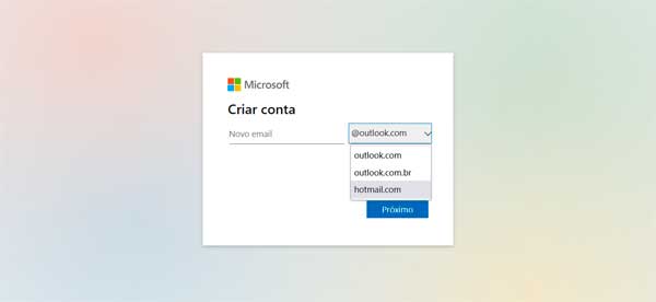 Formulário para criar um e-mail Hotmail