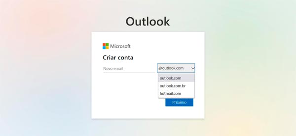 Formulário de cadastro para criar um e-mail @outlook.com