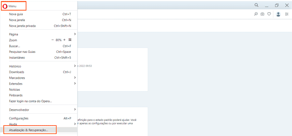Atualizar o navegador de Internet Opera.