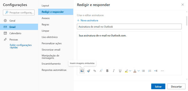 Criando uma assinatura no Outlook.com