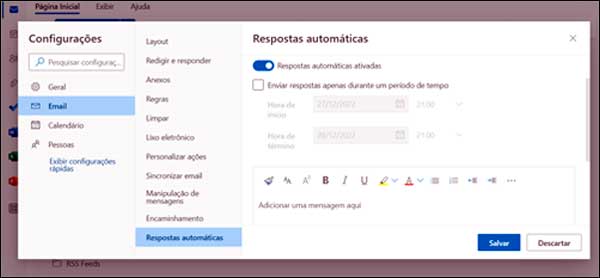 Como configurar respostas automáticas no Outlook.com