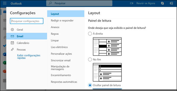 Como ativar o painel de leitura no Outlook.com