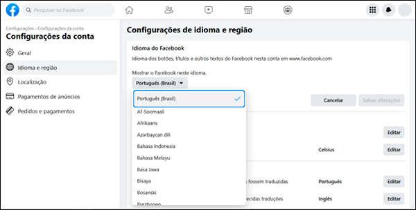 Como mudar o idioma do Facebook