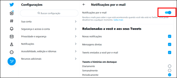 Desativar notificações por e-mail do Twitter