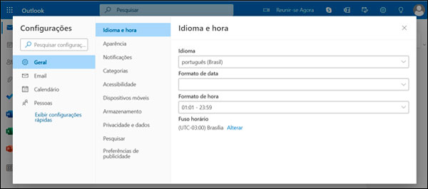 Como mudar o fuso horário do Outlook.com