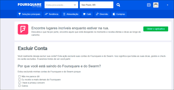 Como excluir sua conta do Foursquare