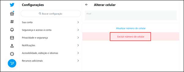 Excluir número da sua conta do Twitter