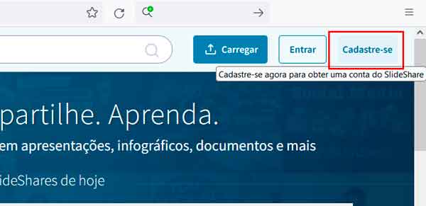 Aprenda a criar uma conta no Slideshare - Passo 1.