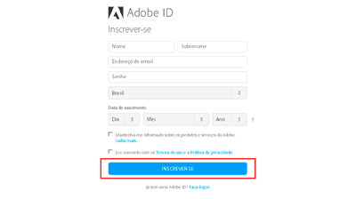 Formulário de inscrição para criar uma ID Adobe.