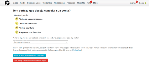 Como excluir uma conta no Tagged permanentemente