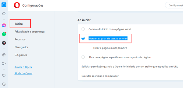 Ativar continuar de onde parei para restaurar sessões no navegador Opera