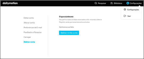 Excluir conta no Dailymotion