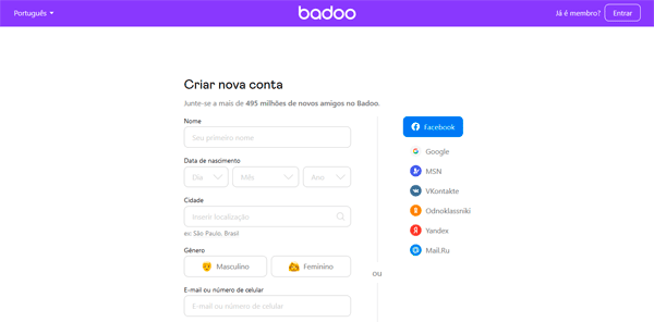 Página de criar uma conta no Badoo