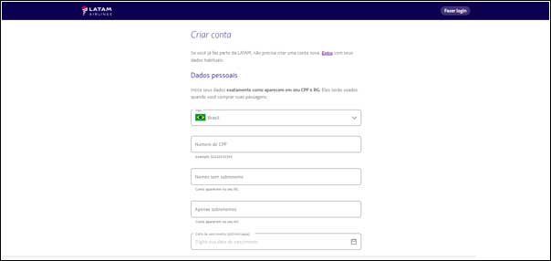 Como fazer cadastro Latam Pass