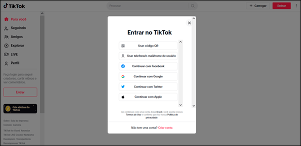 Imagem da página de login do TikTok